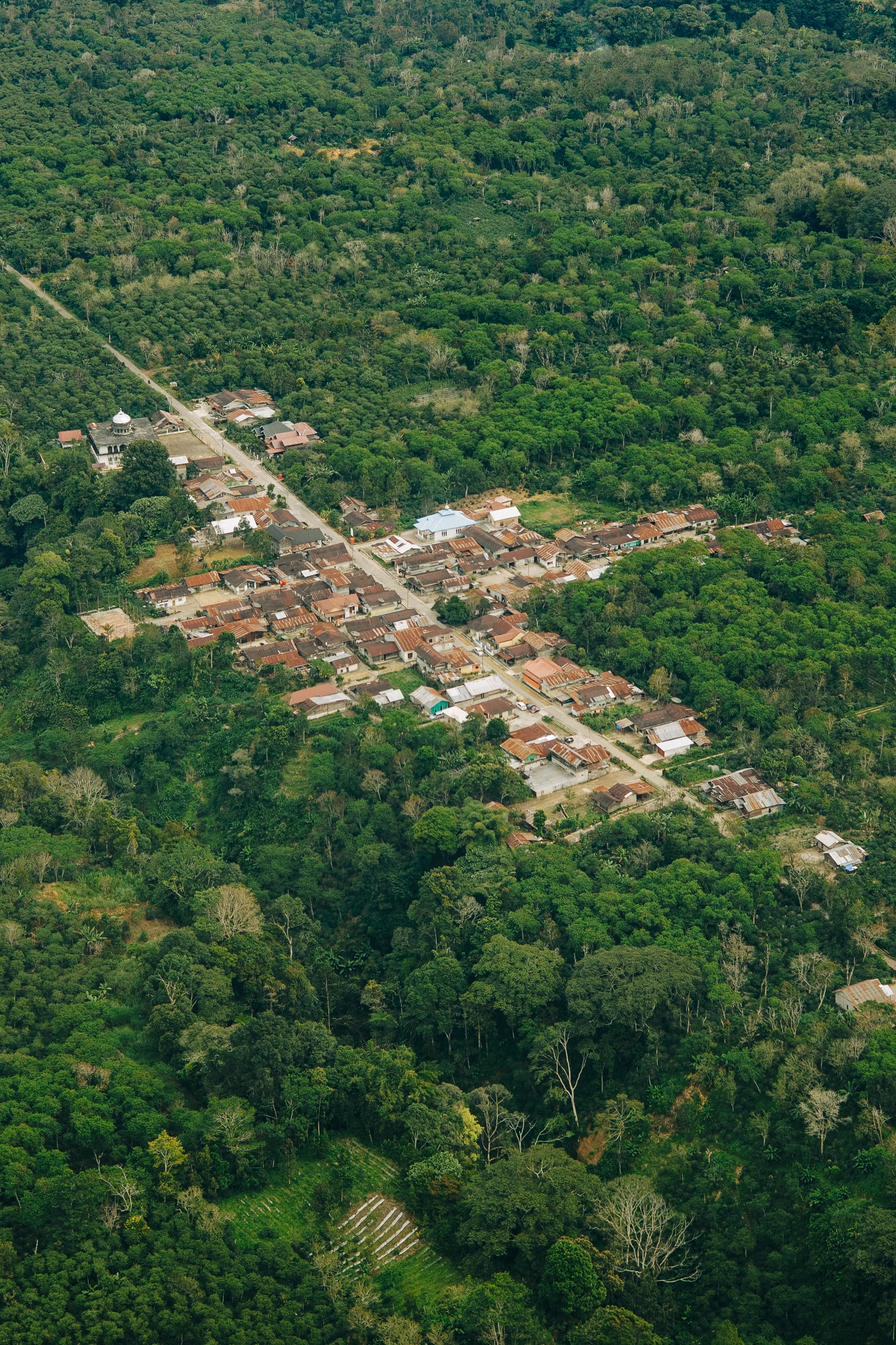 Village entouré de forêt tropicale vu d'avion, Sumatra