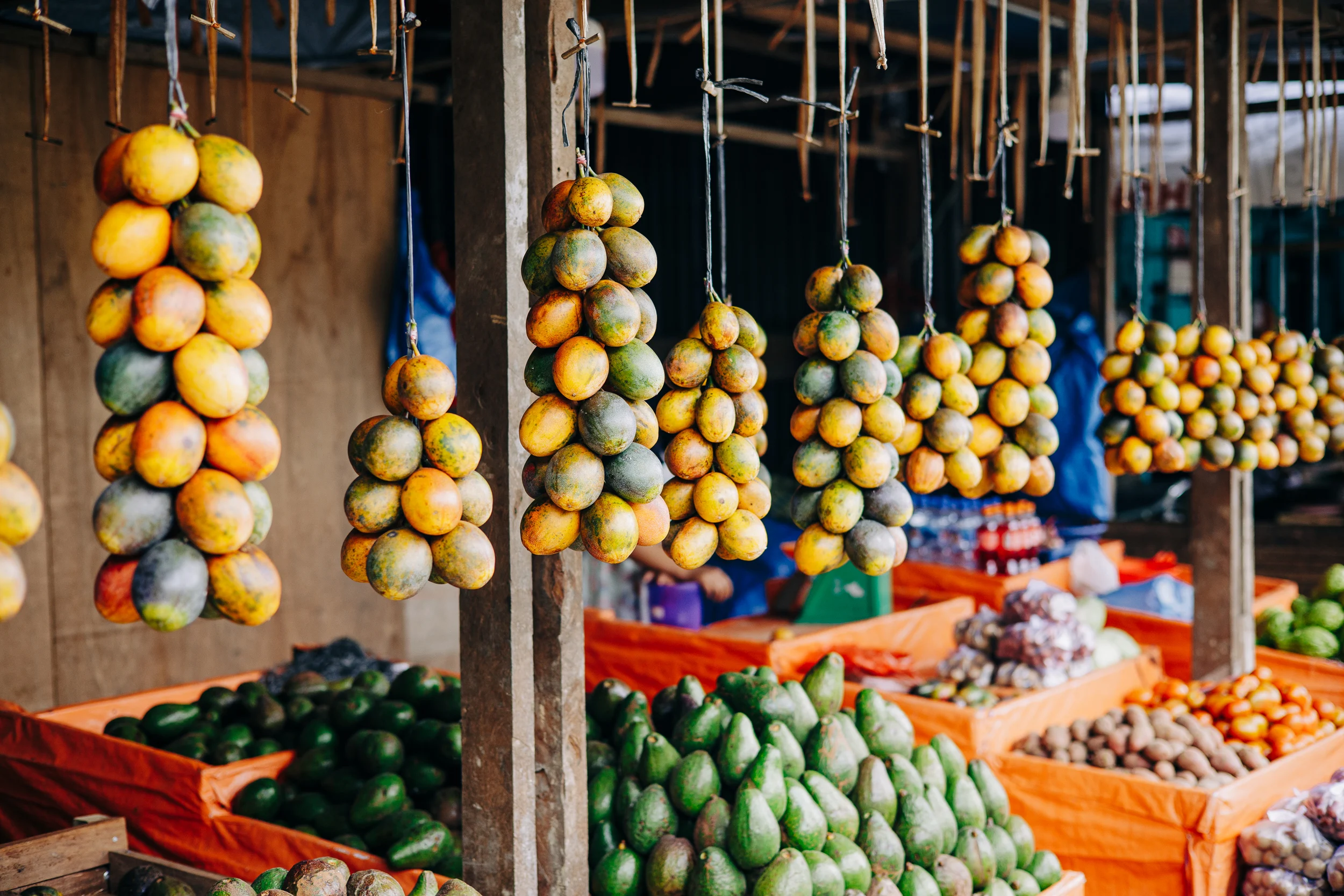 Étal de fruits tropicaux, papayes et pastèques, sur un marché de Sumatra