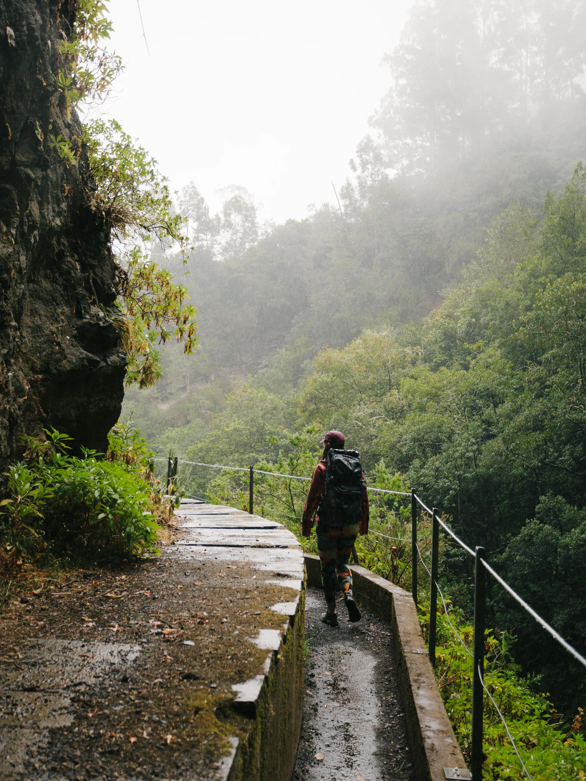 Randonneur sur le chemin d'une levada sous la pluie, Madère