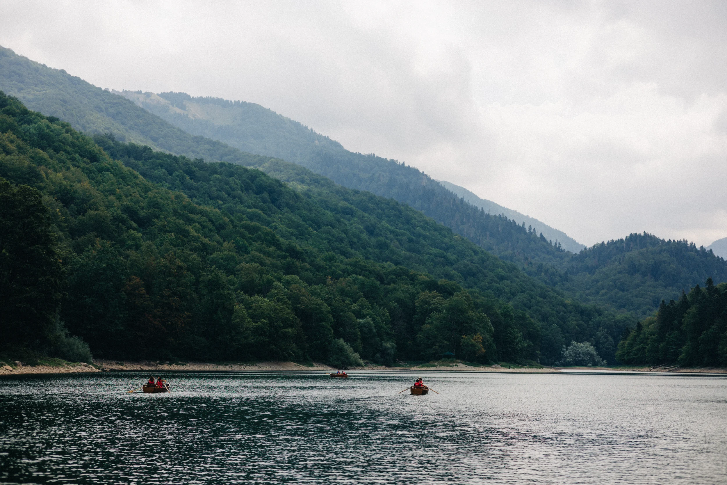 Lac de montagne entouré de forêts, barques au loin, Monténégro